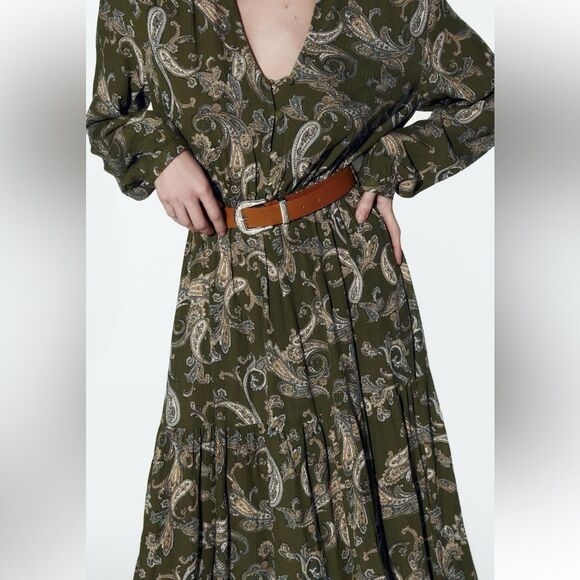ZARA BNWT GREEN PAISLEY PRINT MIDI SHIRT DRESS BELTED. - Picture 6 of 10